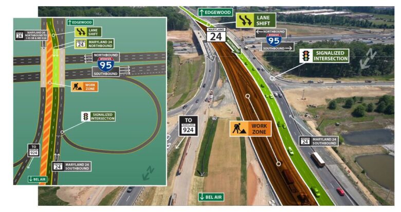Highway construction detour map overlay shows lane shifts, work zone markings, and route signs along a freeway.