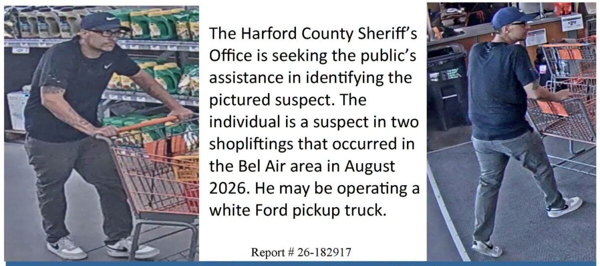 Surveillance-style collage of a man pushing a shopping cart beside a wanted notice for shoplifting suspects.