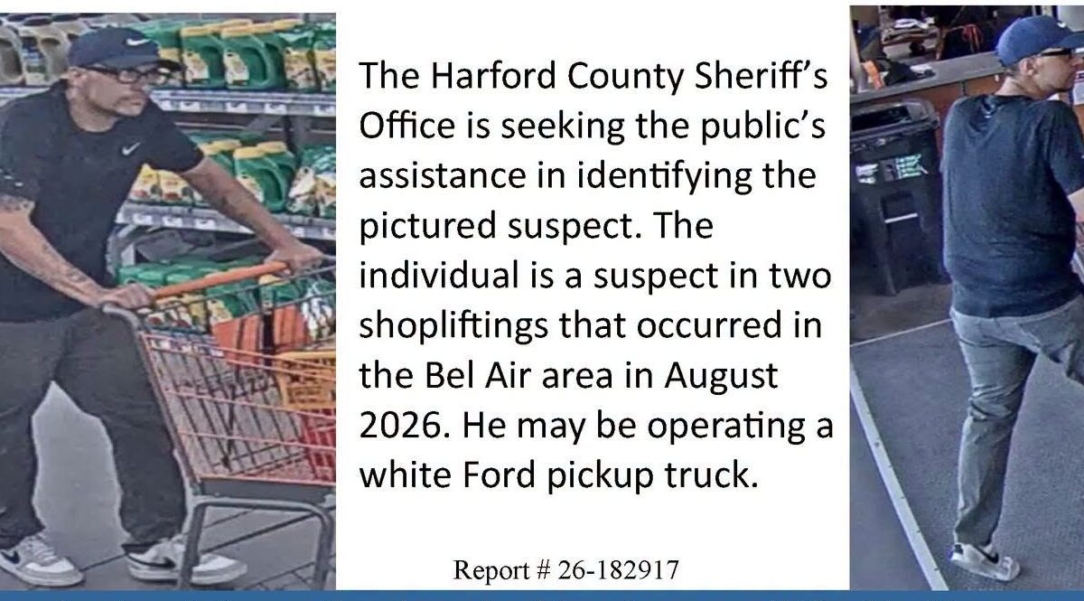 Surveillance-style collage of a man pushing a shopping cart beside a wanted notice for shoplifting suspects.