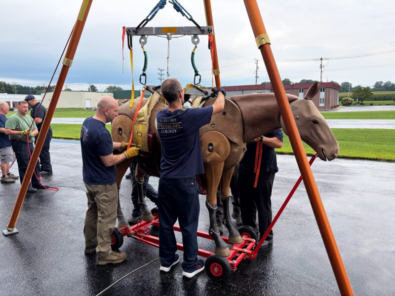 Handlers secure a model of an elephant being lifted by a crane on a wet outdoor lot.