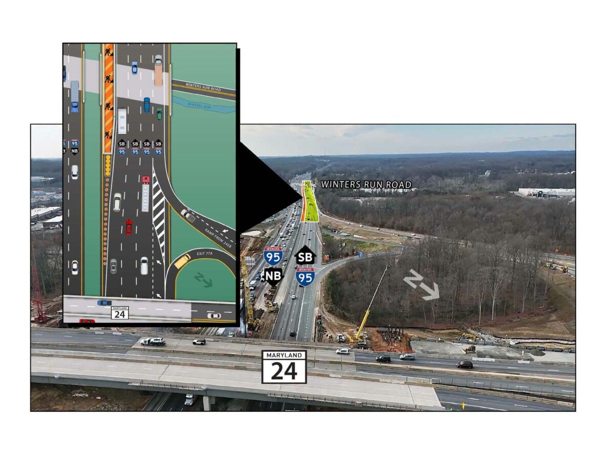 Aerial highway interchange rendering with traffic lanes, route signs, and wooded landscape.