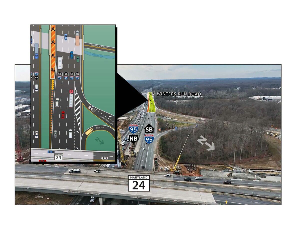 Aerial highway interchange rendering with traffic lanes, route signs, and wooded landscape.