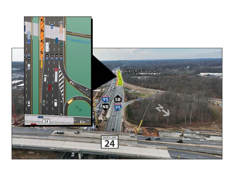 Aerial highway interchange rendering with traffic lanes, route signs, and wooded landscape.