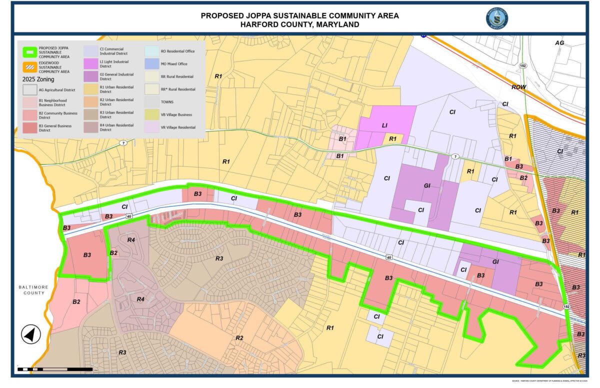 Color-coded zoning map of the proposed Joppa sustainable community area in Harford County, Maryland.