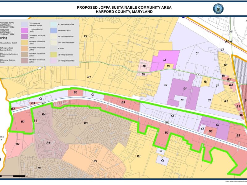 Color-coded zoning map of the proposed Joppa sustainable community area in Harford County, Maryland.