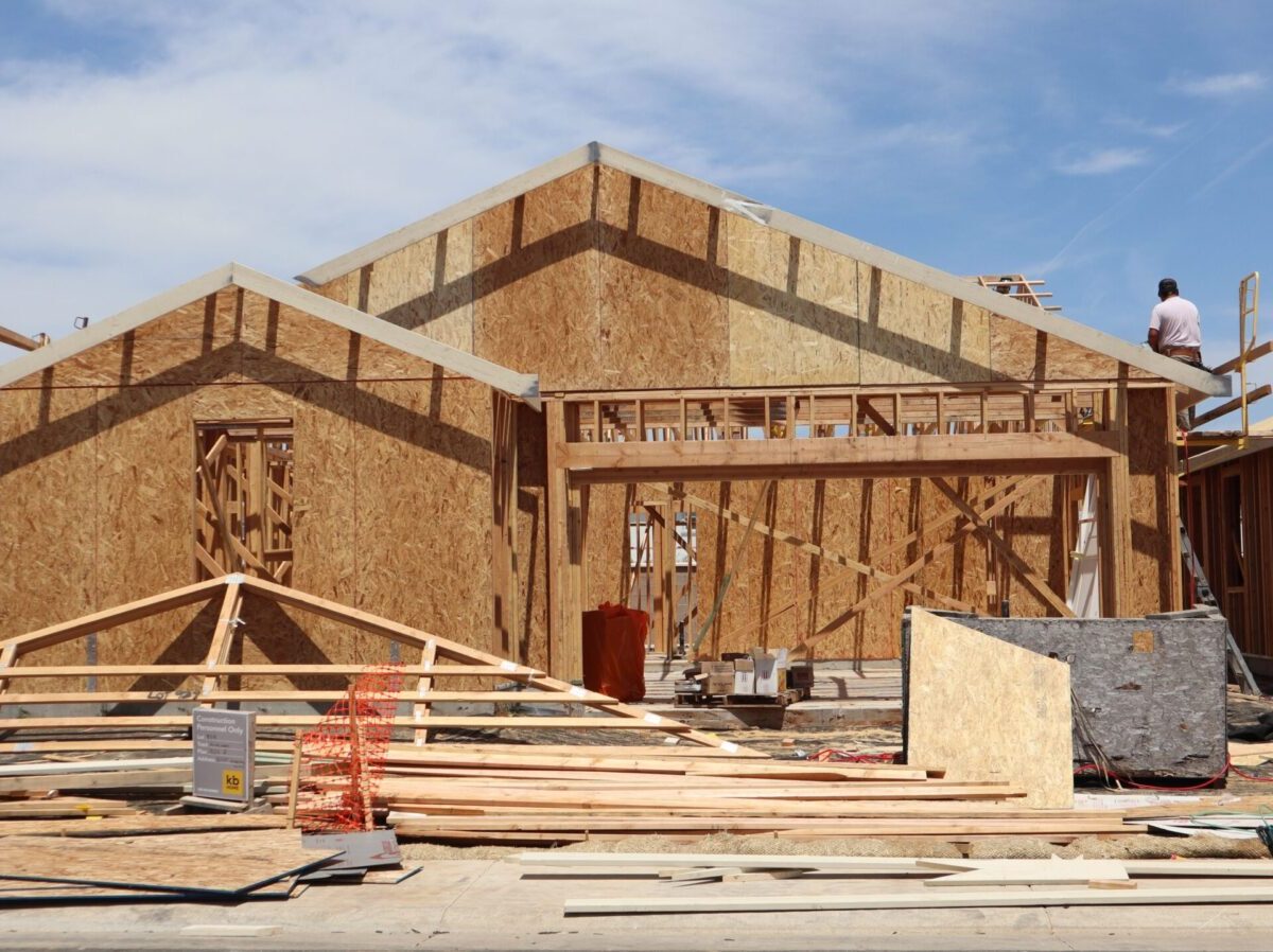 Framing stage of a new home under construction in Elk Grove, California.