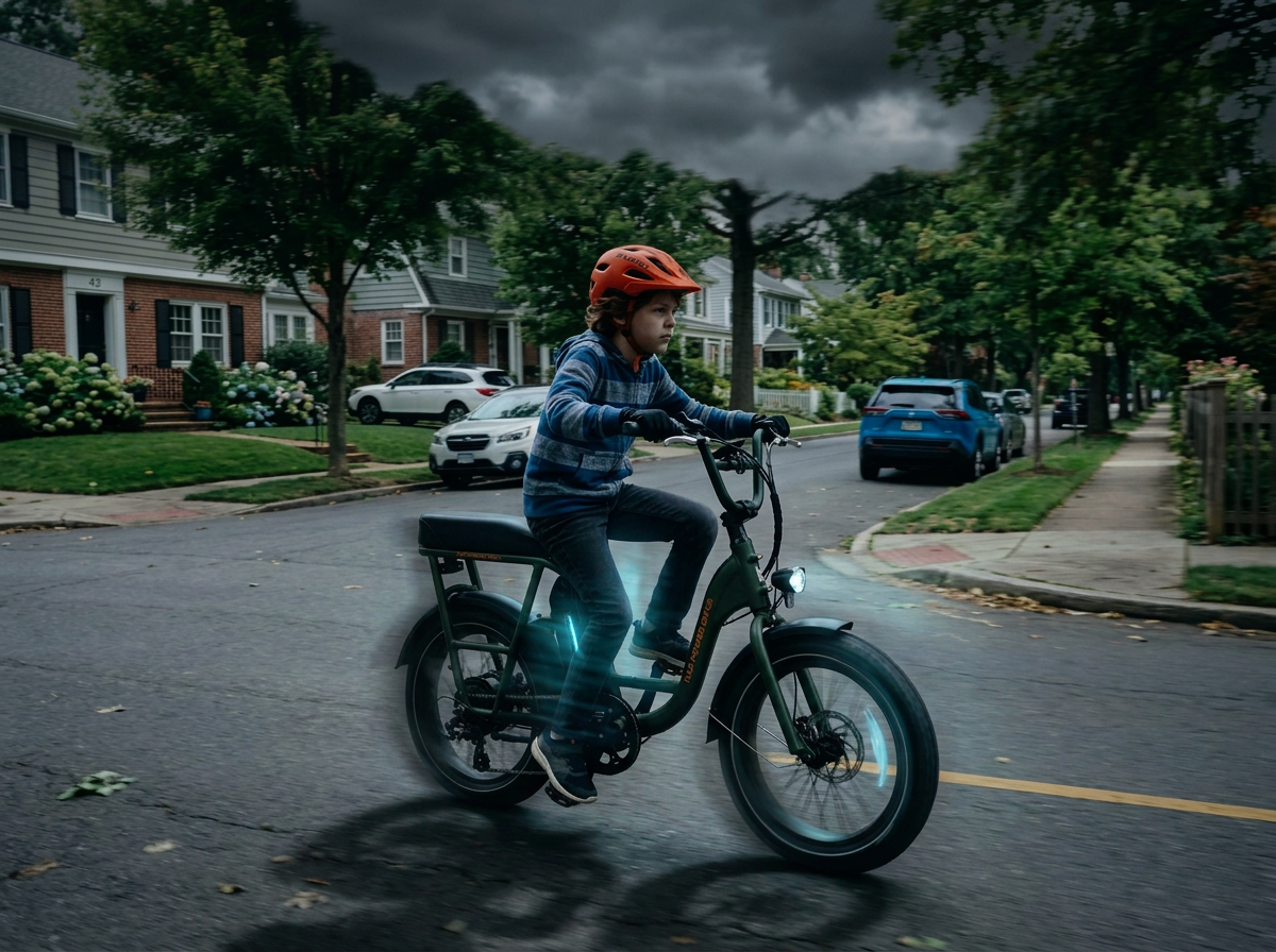 Child wearing a helmet rides an electric bicycle on a residential street