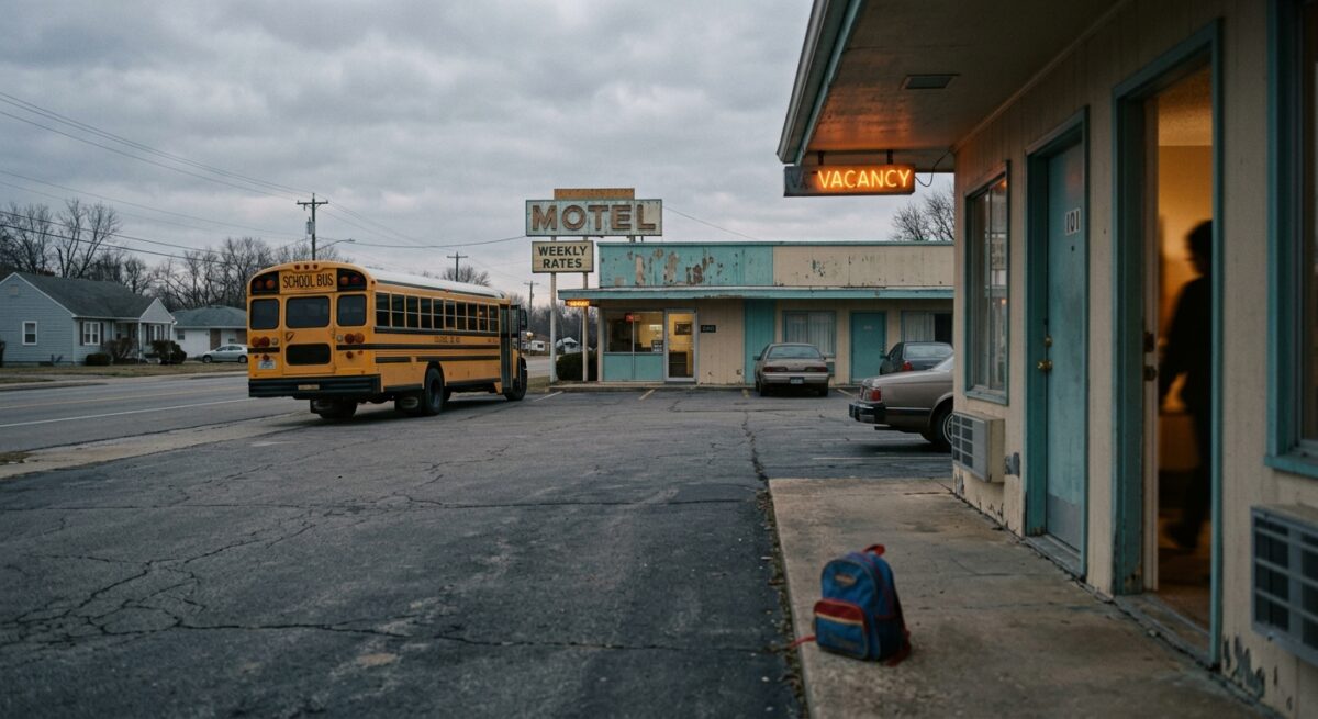 A muted, documentary-style photograph taken at dawn on a quiet suburban roadside, capturing a yellow school bus stopped in front of a worn roadside motel with a faded facade and a flickering "vacancy" sign. Soft, cold morning light filters through overcast skies, casting long shadows across the cracked parking lot. In the foreground, slightly out of focus, a child's small backpack rests on the pavement near the motel room door, abandoned for a moment as unseen figures prepare for the school day. The motel's peeling paint and worn exterior stand in quiet contrast to the ordinary yellow bus, symbolizing the hidden instability behind an everyday scene. The mood is somber, reflective, and quietly poignant — muted earth tones, gentle fog, and empty sidewalks evoke a sense of overlooked struggle within an ordinary American town. No people's faces are visible, emphasizing anonymity and vulnerability. The composition should feel like a photojournalistic image from a local newspaper feature, realistic and emotionally resonant, without any text or logos.