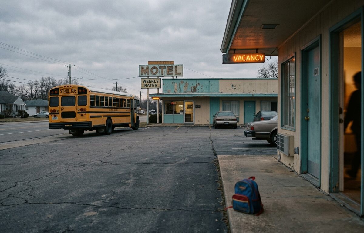 A muted, documentary-style photograph taken at dawn on a quiet suburban roadside, capturing a yellow school bus stopped in front of a worn roadside motel with a faded facade and a flickering "vacancy" sign. Soft, cold morning light filters through overcast skies, casting long shadows across the cracked parking lot. In the foreground, slightly out of focus, a child's small backpack rests on the pavement near the motel room door, abandoned for a moment as unseen figures prepare for the school day. The motel's peeling paint and worn exterior stand in quiet contrast to the ordinary yellow bus, symbolizing the hidden instability behind an everyday scene. The mood is somber, reflective, and quietly poignant — muted earth tones, gentle fog, and empty sidewalks evoke a sense of overlooked struggle within an ordinary American town. No people's faces are visible, emphasizing anonymity and vulnerability. The composition should feel like a photojournalistic image from a local newspaper feature, realistic and emotionally resonant, without any text or logos.